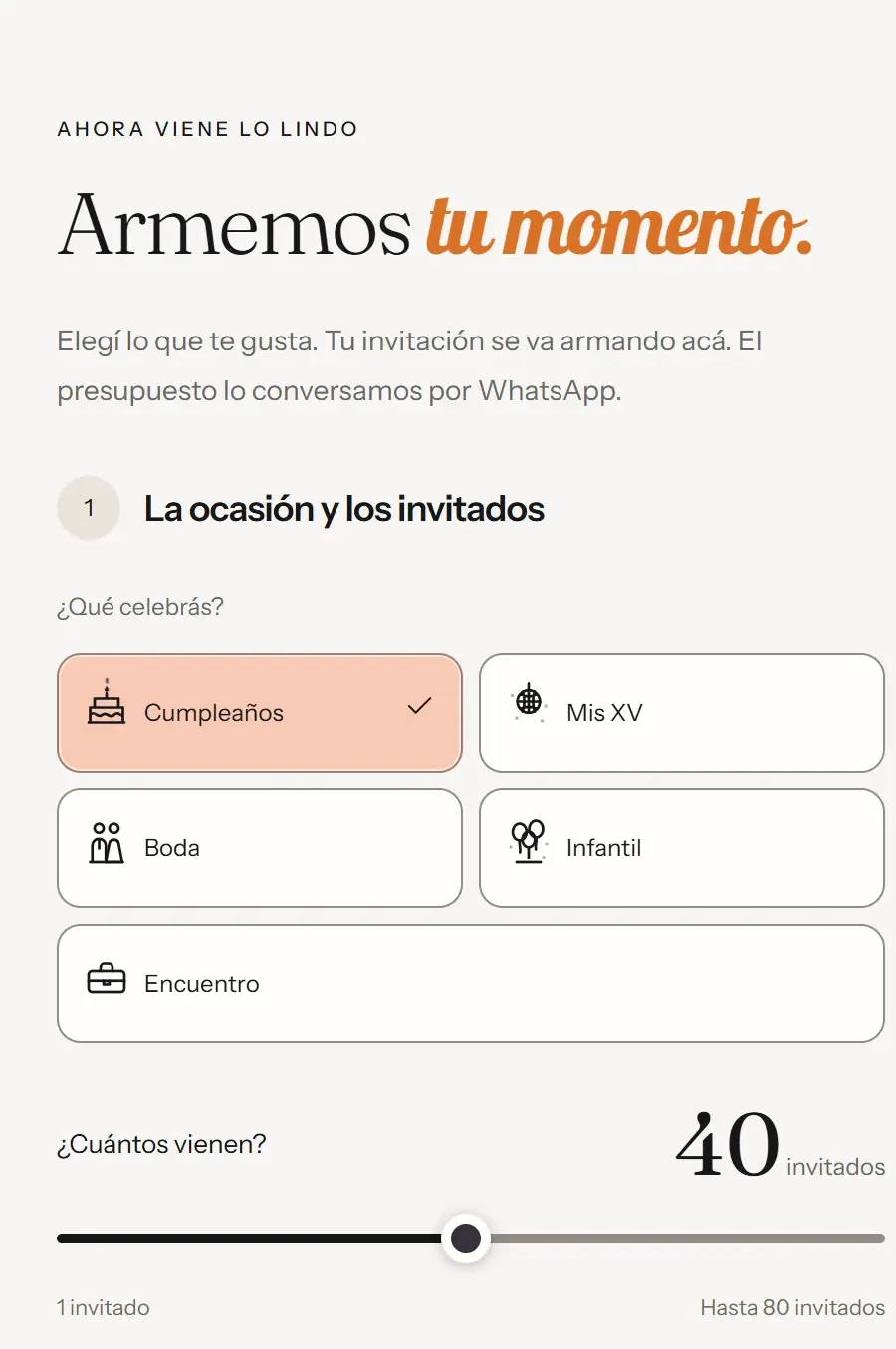 El armador de fiestas de Varieventos: el cliente elige la ocasión y la cantidad de invitados, y sigue con la fecha.