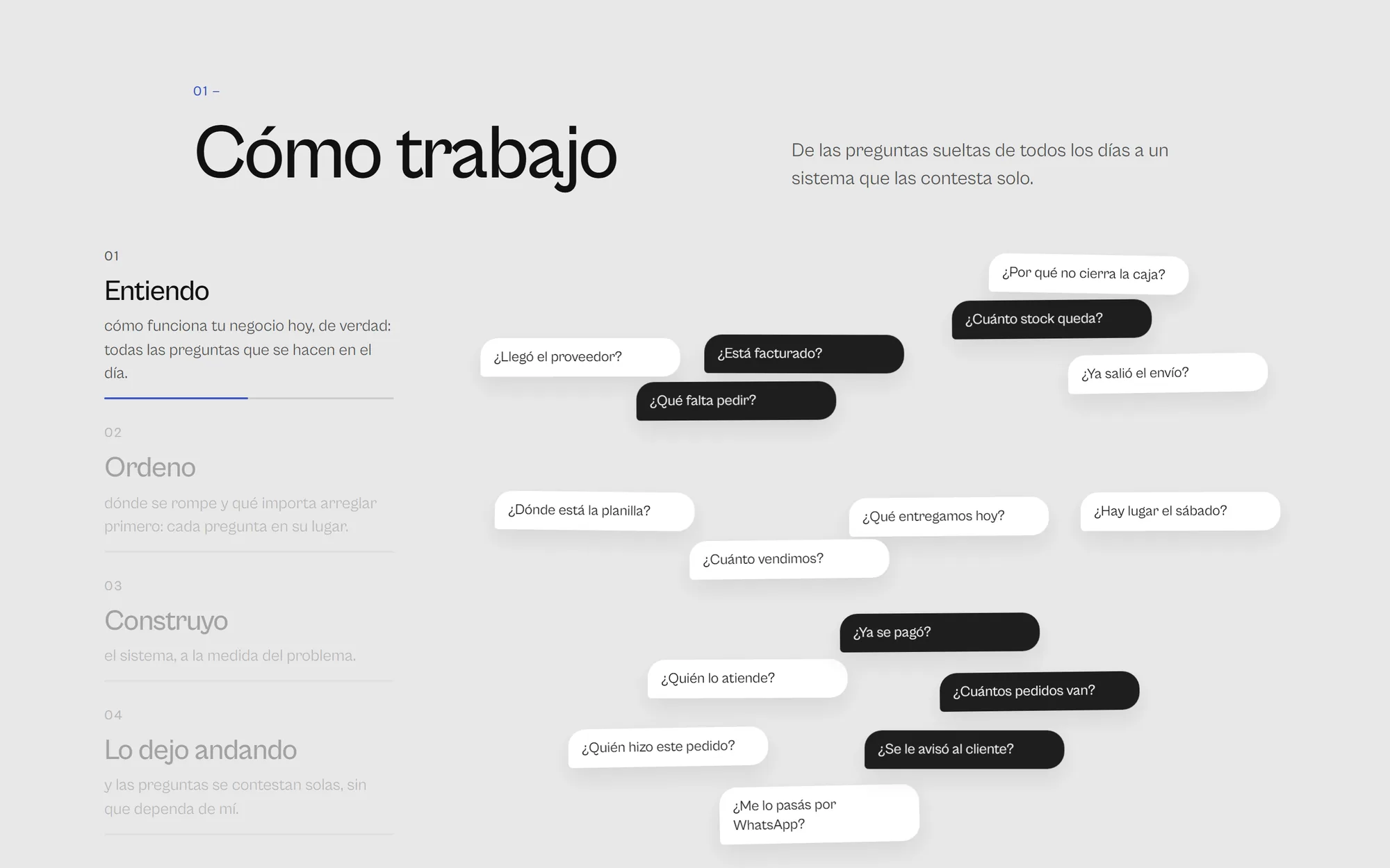Entiendo: preguntas sueltas de un negocio flotando desordenadas, como ¿Cuánto stock queda? o ¿Ya se pagó?