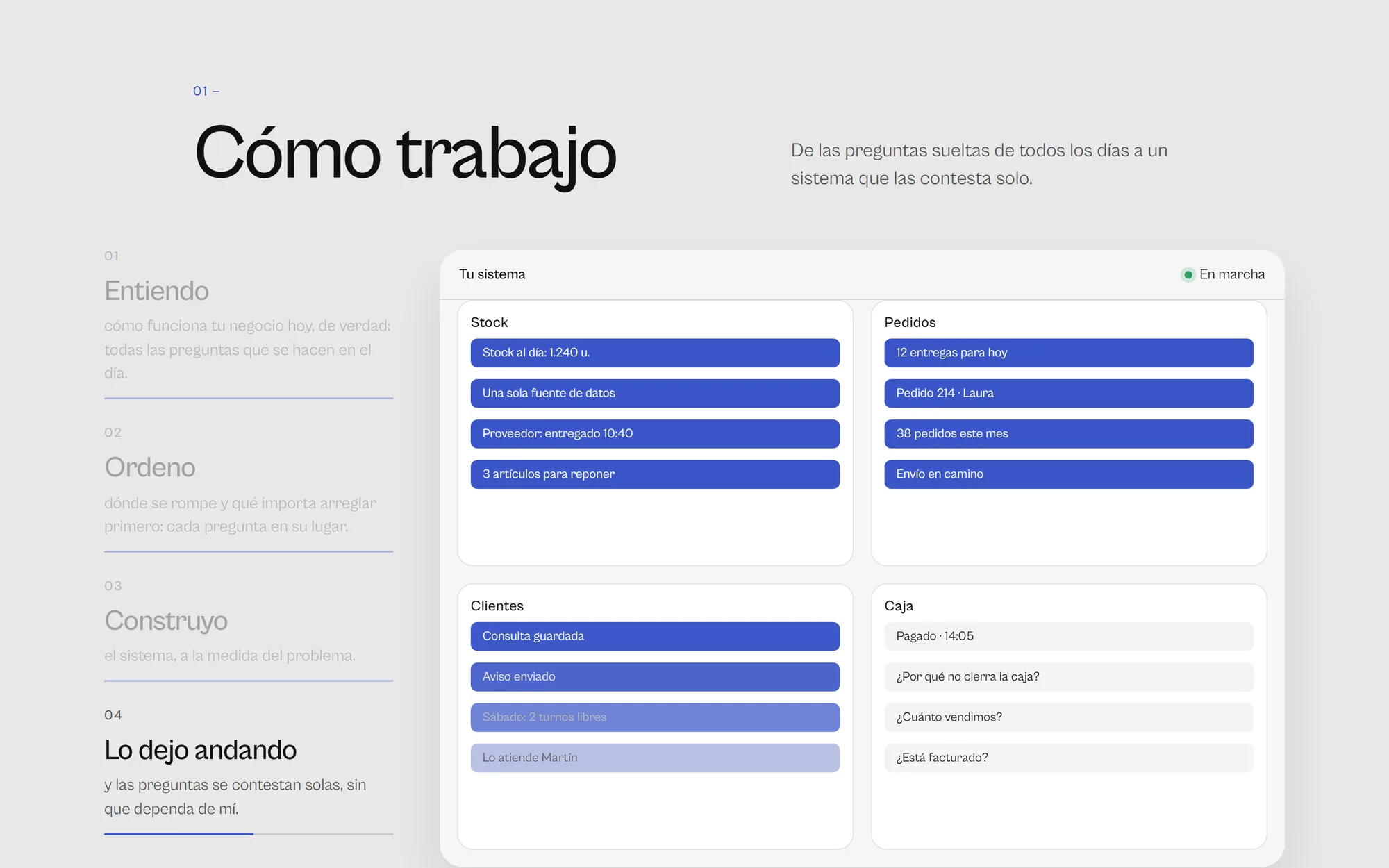 Construyo: las preguntas aterrizan en un sistema y empiezan a volverse respuestas en azul.