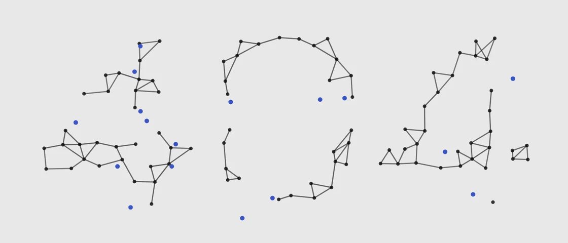 Los nodos forman el 404 casi completo, con algunos azules que no encajan.