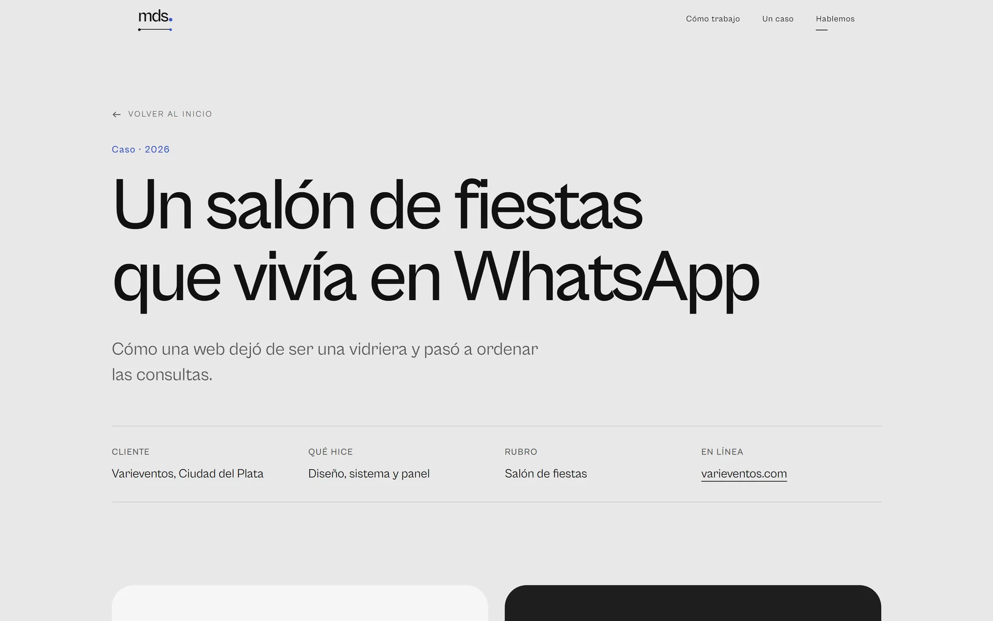 La página del caso: Un salón de fiestas que vivía en WhatsApp, con la ficha del proyecto.