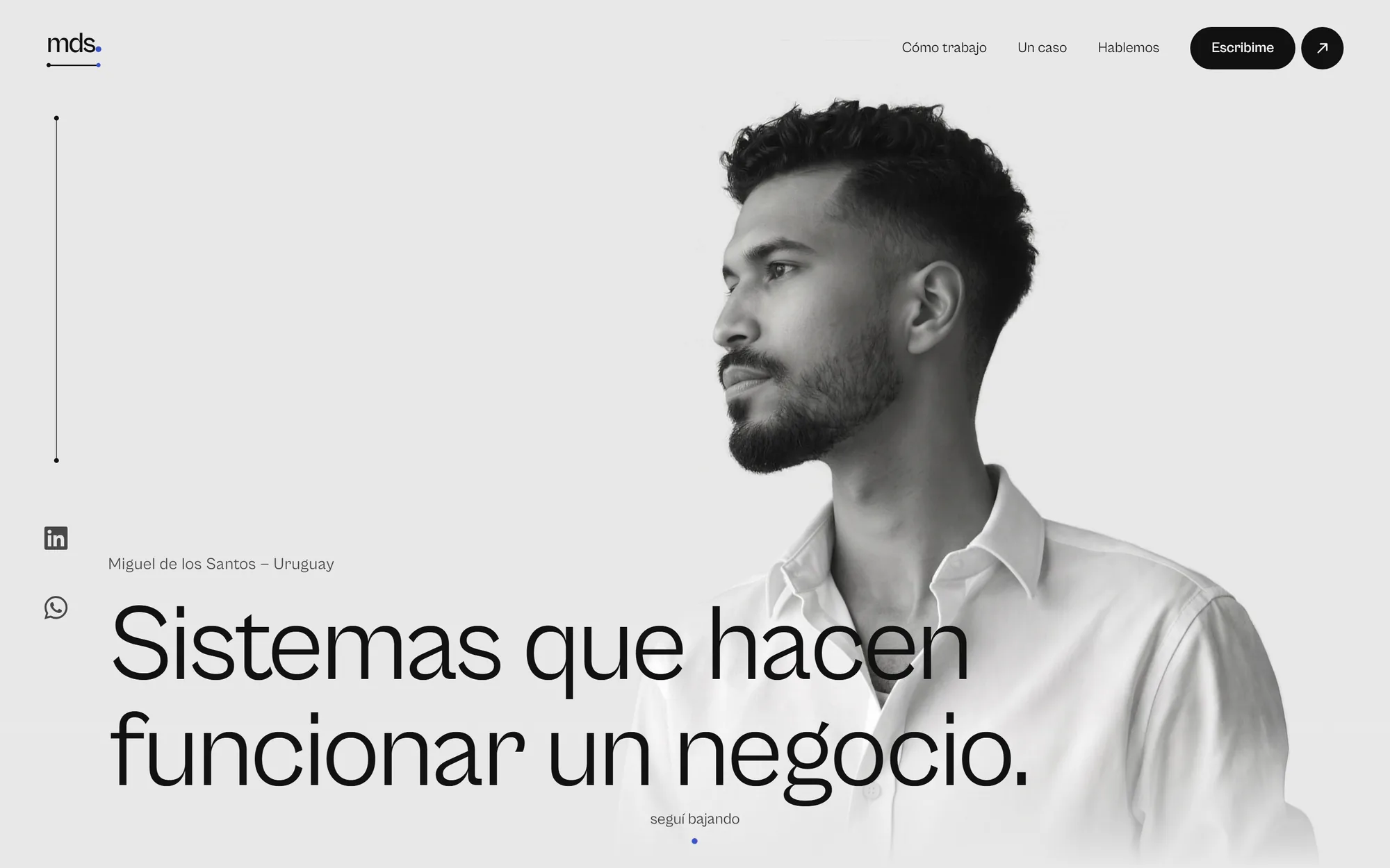 La portada del sitio en escritorio: la foto de Miguel de perfil y el titular Sistemas que hacen funcionar un negocio.