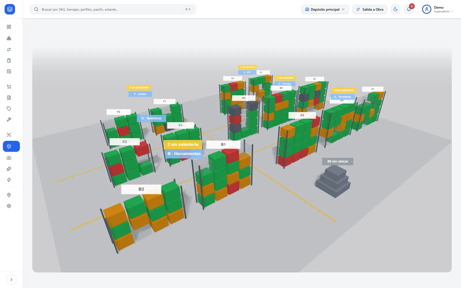 Mapa 3D de un depósito con seis sectores y sus estanterías; cada caja se pinta de verde, ámbar o rojo según su stock.