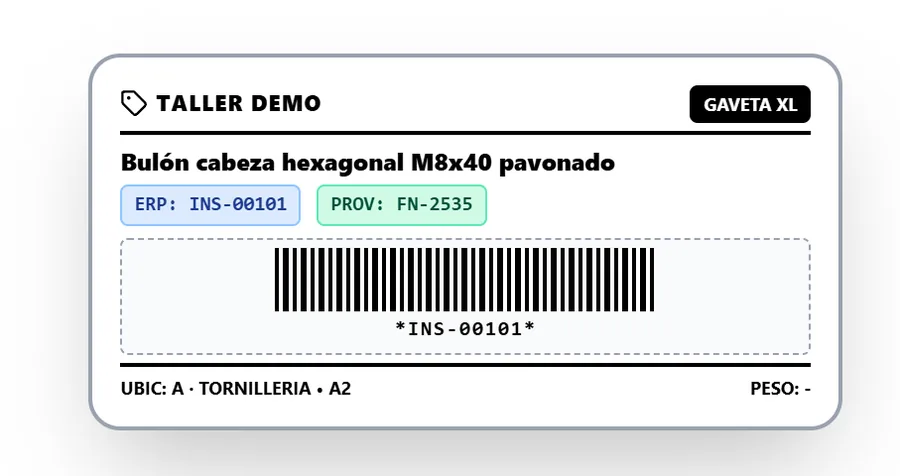 Vista previa de una etiqueta térmica con el nombre del artículo, sus códigos y un código de barras.