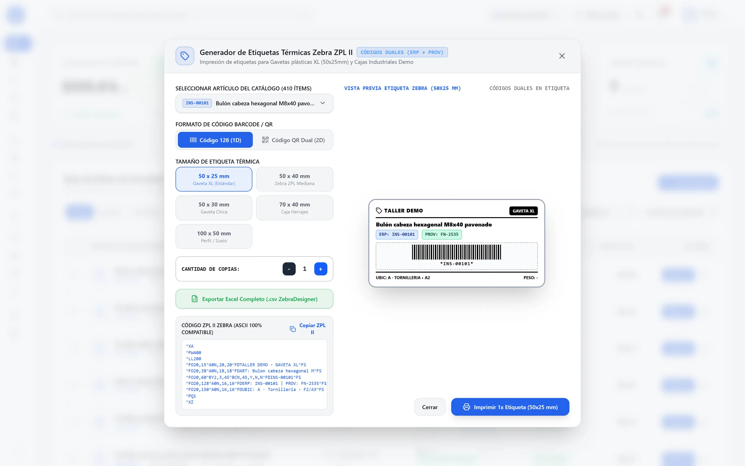 Generador de etiquetas térmicas completo: opciones de formato y tamaño, vista previa de la etiqueta y el código para la impresora.